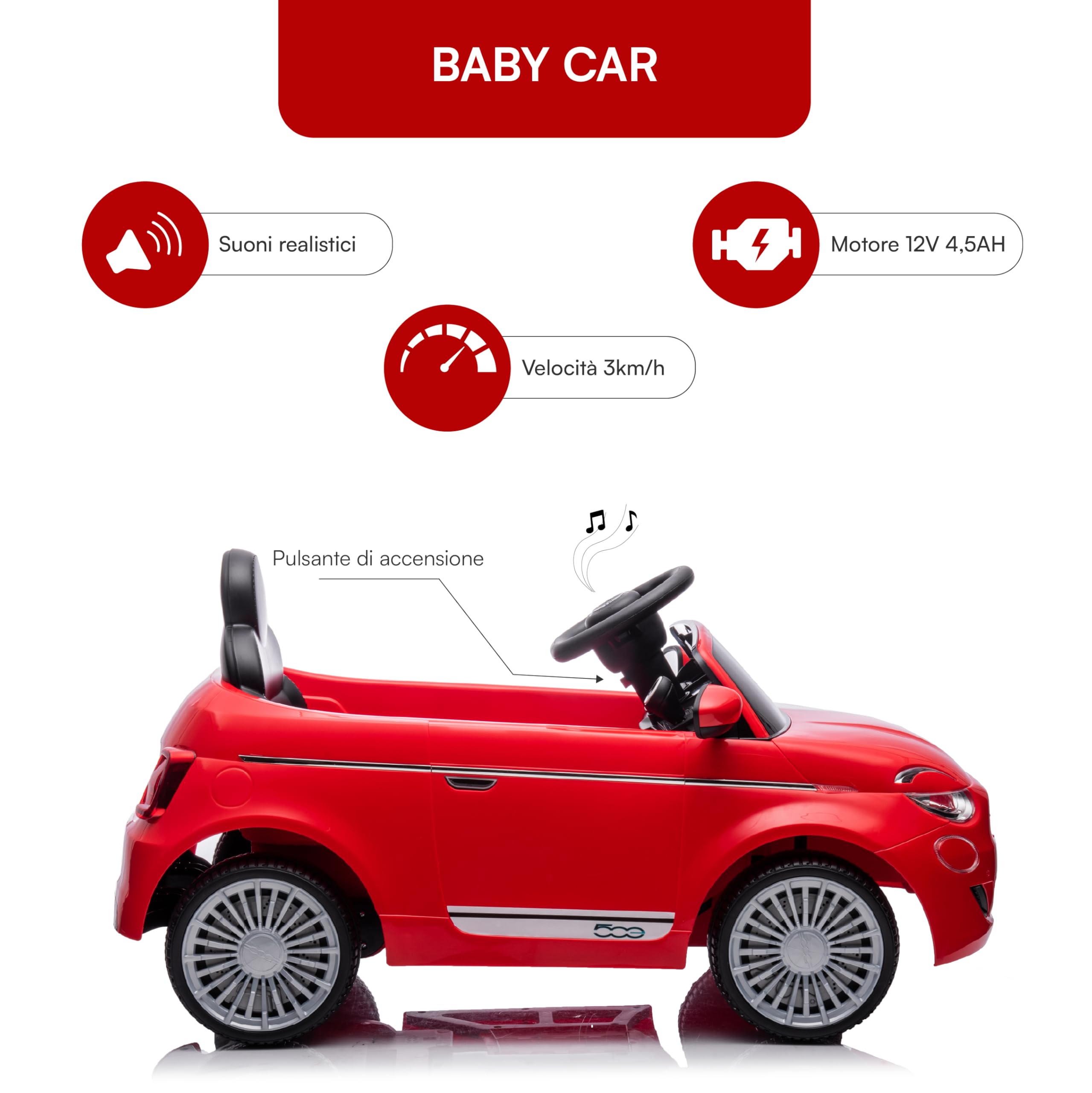 Baroni Toys FIAT 500 Baby Car Elettrica 12V con Telecomando Genitori, Luci, Suoni, Retromarcia, Cintura di Sicurezza – Auto per Bambini 1-4 Anni, Rossa