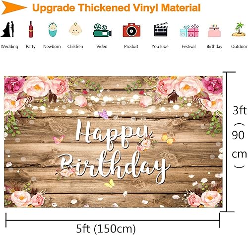 Miniatura 9 de Telón de fondo floral rosa de feliz cumpleaños para mujer, fondo de fotografía de cumpleaños de madera rústica, acuarela, mariposa, flores, fondos