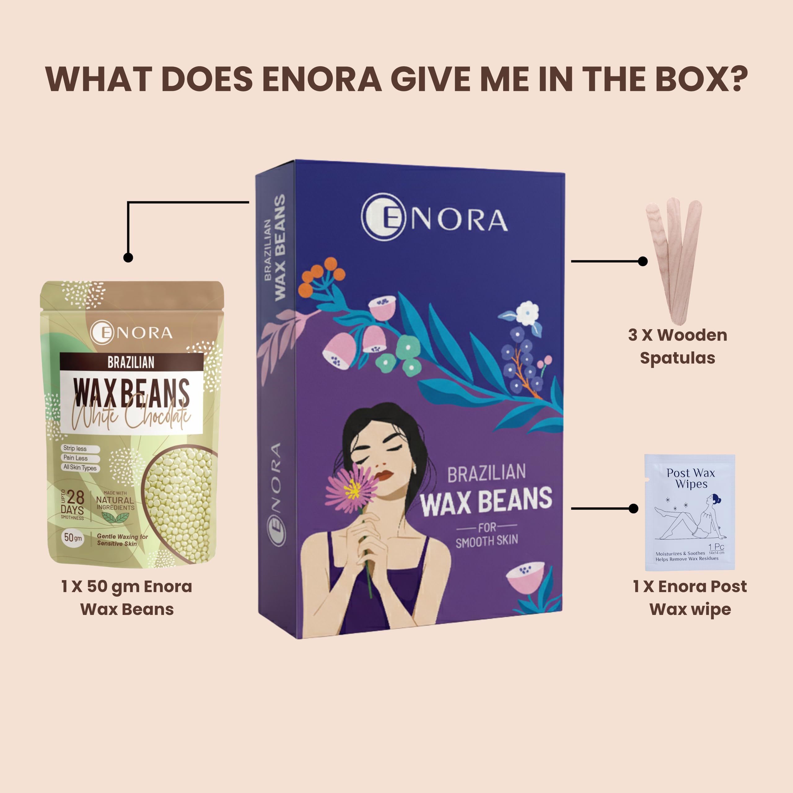ENORA Brazilian Stripless Wax Beans for Women (50g) | With Wooden Spatula | Natural | For Face, Chin, Hairline, Bikini Area & Full Body Hair Removal (50 Gram, White Chocolate) 1