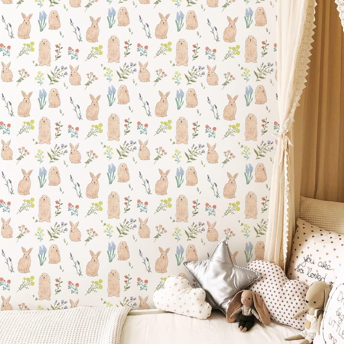 LiveGallery Cartoon Rabbit Wallpaper Lavender Wallpapers Flower Plants Wall Paper Peel and Stick Contact Paper for Bedroom Living Room Offices Nursery Bathroom Kitchen Home Walls Decoration (A)