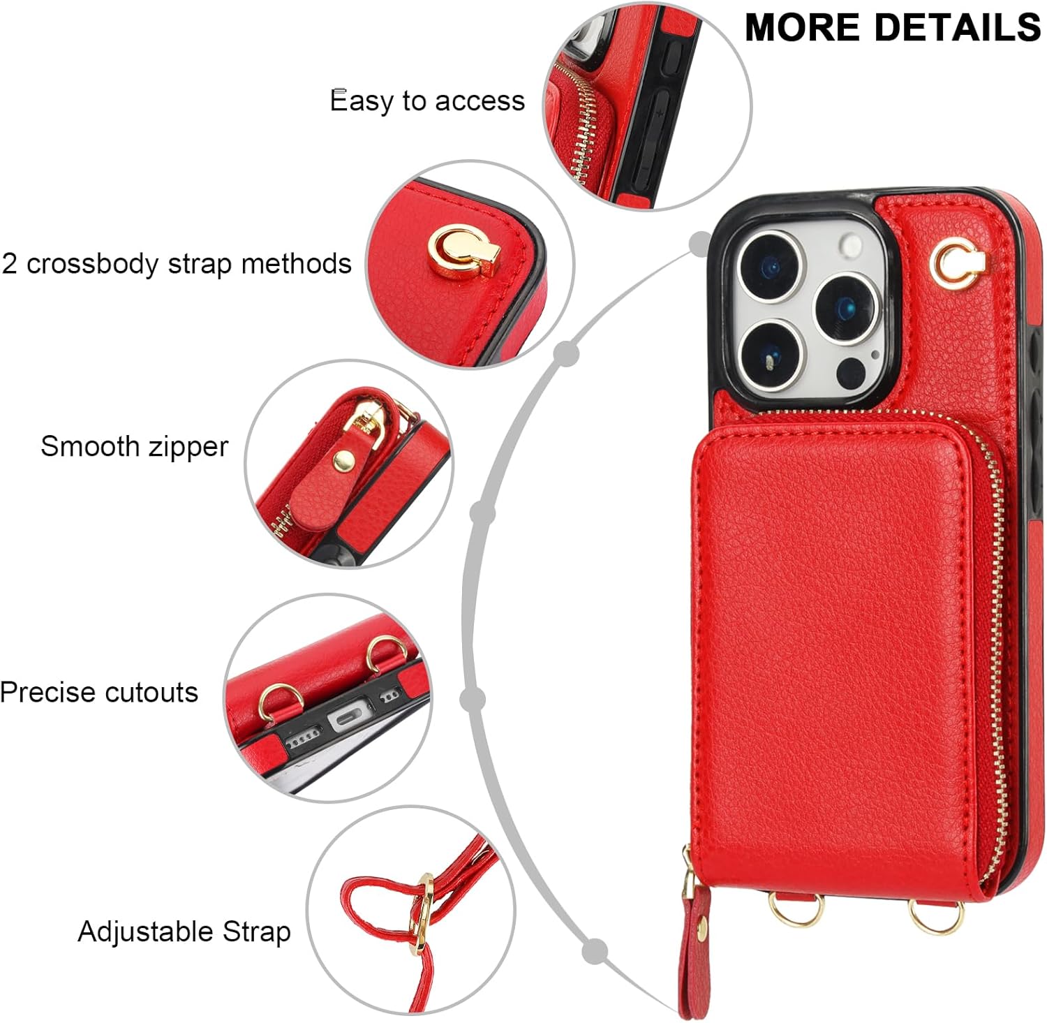 KIHUWEY Crossbody Wallet Case for iPhone 16 Pro, Zipper Pocket Case with Card Holder, PU Leather RFID Blocking Protective Cover Case with Kickstand Detachable Wrist Strap Lanyard 6.3" (Red)