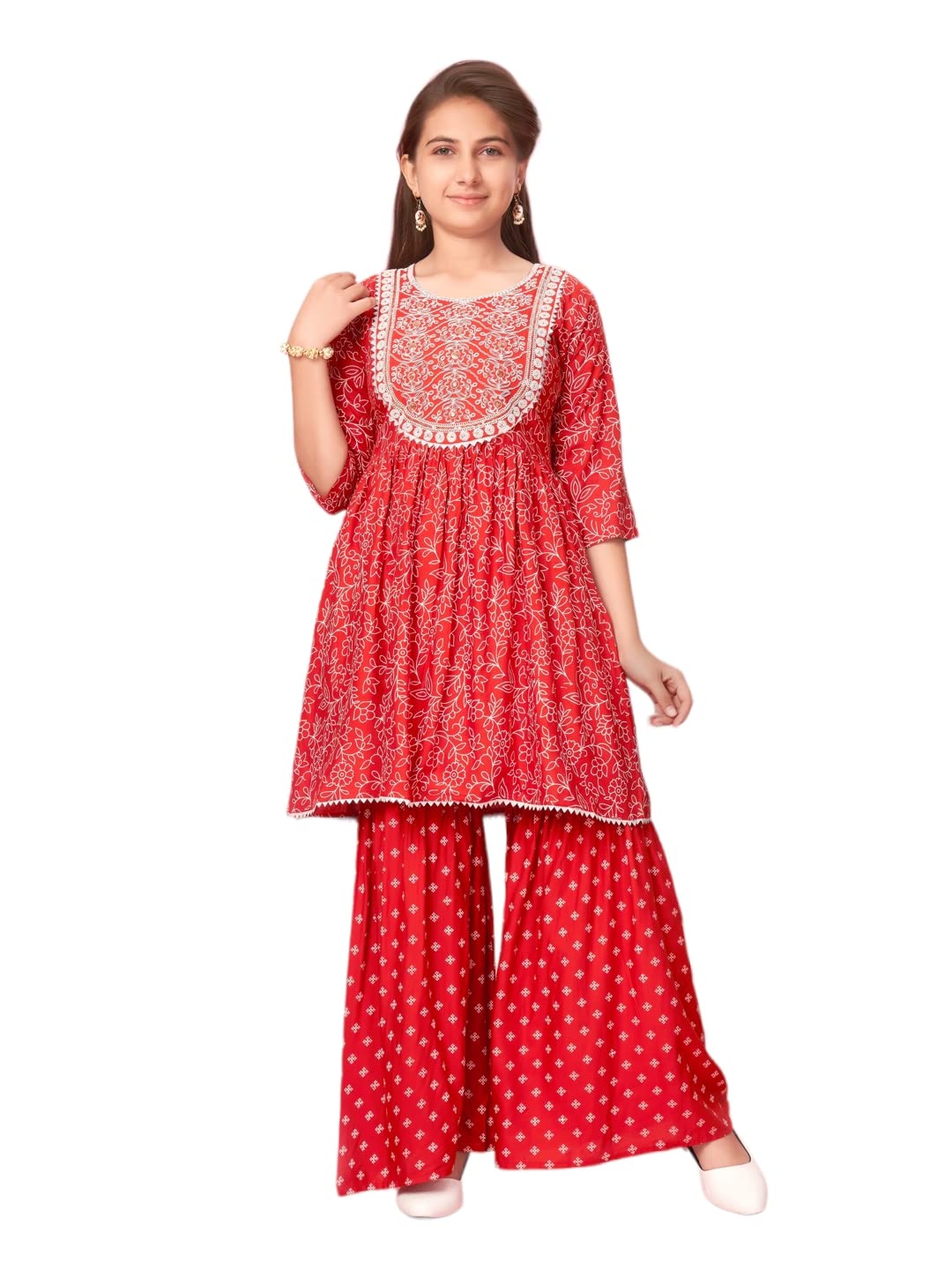 AarikaGirls Navy Blue Colour Cotton Embroidery Kurti Sharara Set