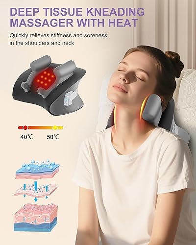 Miniatura 4 de Shiatsu Masajeador de cuello con calor, almohada eléctrica de masaje de tejido profundo con temporizador de 10 minutos para alivio del dolor