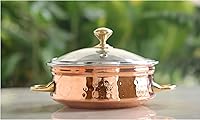 Vista 2 de IndianArtVilla - Cuenco de acero y cobre con mango de latón y tapa de vidrio, sirve platos indios, 10 onzas