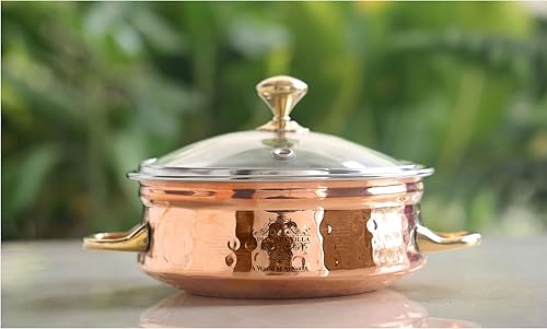Miniatura 2 de IndianArtVilla - Cuenco de acero y cobre con mango de latón y tapa de vidrio, sirve platos indios, 10 onzas