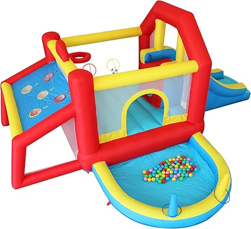 Miniatura 9 de Castillo inflable de rebote 9 en 1 para niños con tobogán alto, trampolín, piscina de bolas, fútbol de habilidad, juego de sacos de arena, perfecto