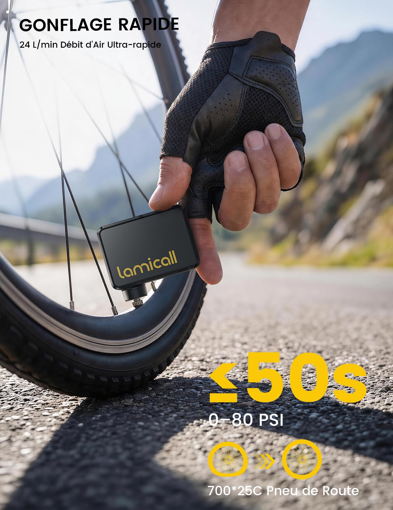 Lamicall Mini Pompe à Vélo Électrique - [Ultralégère] 120PSI Mini Compresseur Vélo avec HD Manomètre & Arrêt Automatique, 24L/Min Gonflage Rapide, Valves Presta/Schrader pour VTT/Vélo de Course/Route