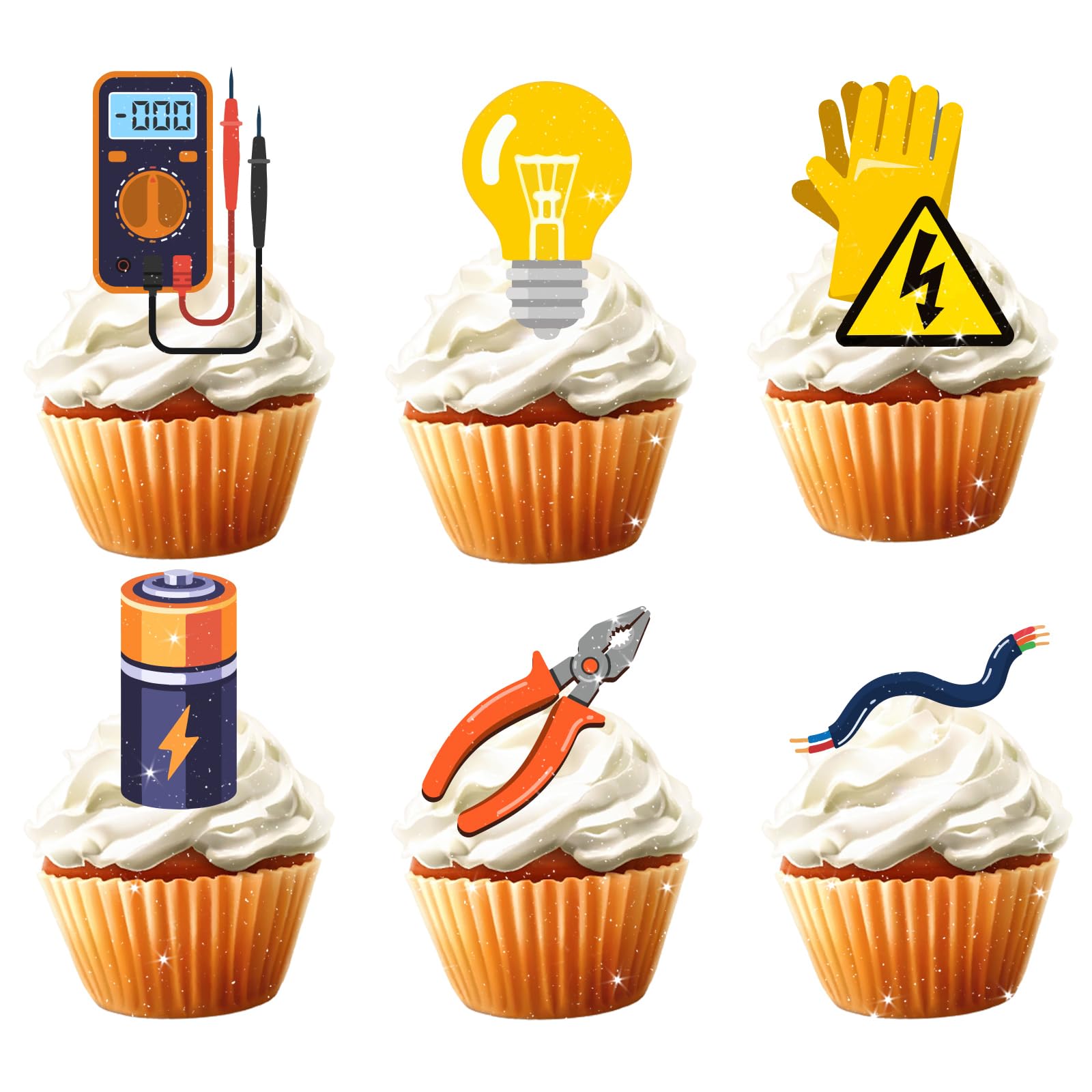 18pcs Electrician Cupcake Toppers for Boys Men Happy Birthday Electrician Tool Party Decorations Supplies Glitter Electrician Engineering Cake Decorations