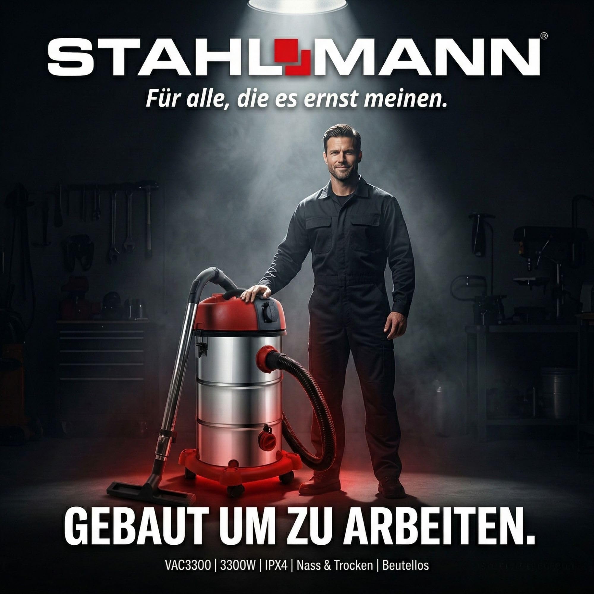 STAHLMANN VAC3300 Industriestaubsauger 3300W | Steckdose mit Automatik (2000W) | Blasfunktion | 21kPa Saugleistung | Nass- & Trockensauger 30L | Werkstattsauger ohne Beutel | Baustellen-Sauger