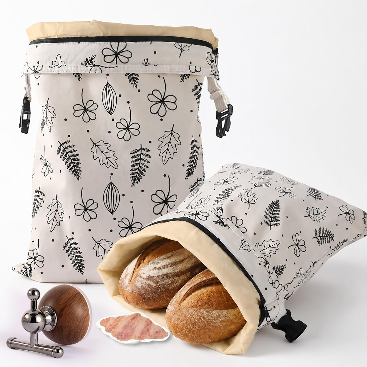 2Packs Cotton Beeswax Bread Bags with Zipper, Bread Bags for Homemade Bread,Organic Beeswax Linen Sourdough Bags,Reusable Bread Storage for Keep Fresh Freezer Safe 18 * 13in XL Large