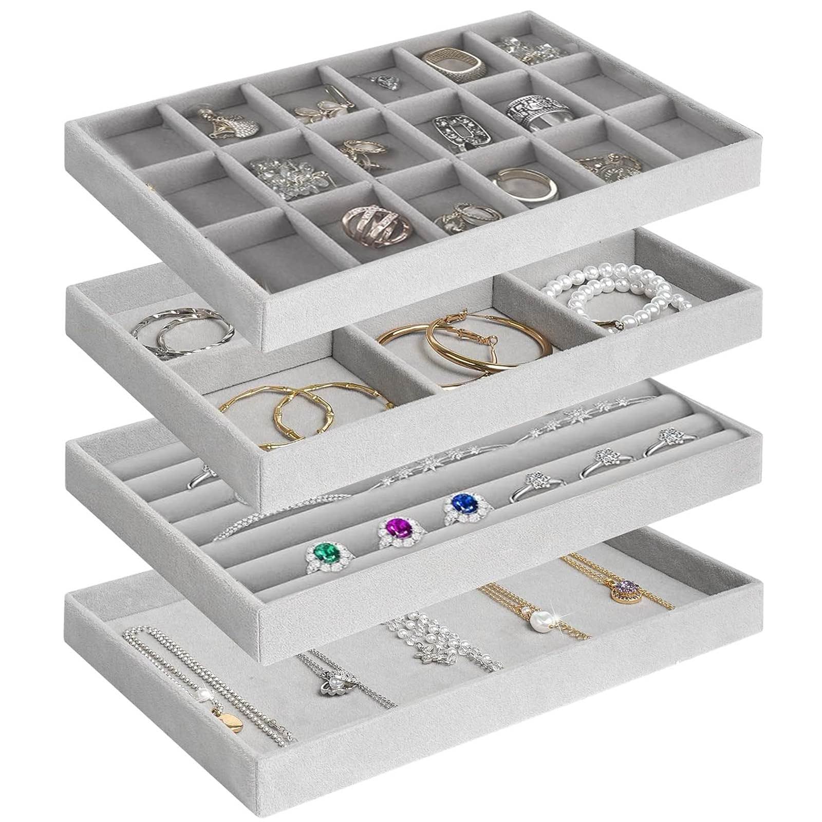 ALANX 4 Pcs Stackable Jewelry Organizer Tray,Jewelry Organizer Drawer Insert,Display Case Storage Containers, Earring Necklace Watch Bracelet Accessary Ring Trays with Removable Dividers (4, Grey) 4 Grey