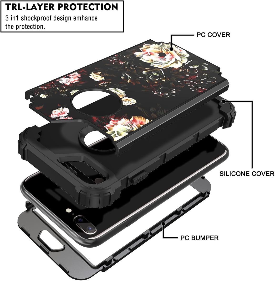 LONTECT for iPhone 8 Plus Case, iPhone 7 Plus Case Floral 3 in 1 Heavy Duty Hybrid Sturdy High Impact Shockproof Protective Cover Case for Apple iPhone 8 Plus/iPhone 7 Plus, Flower/Black