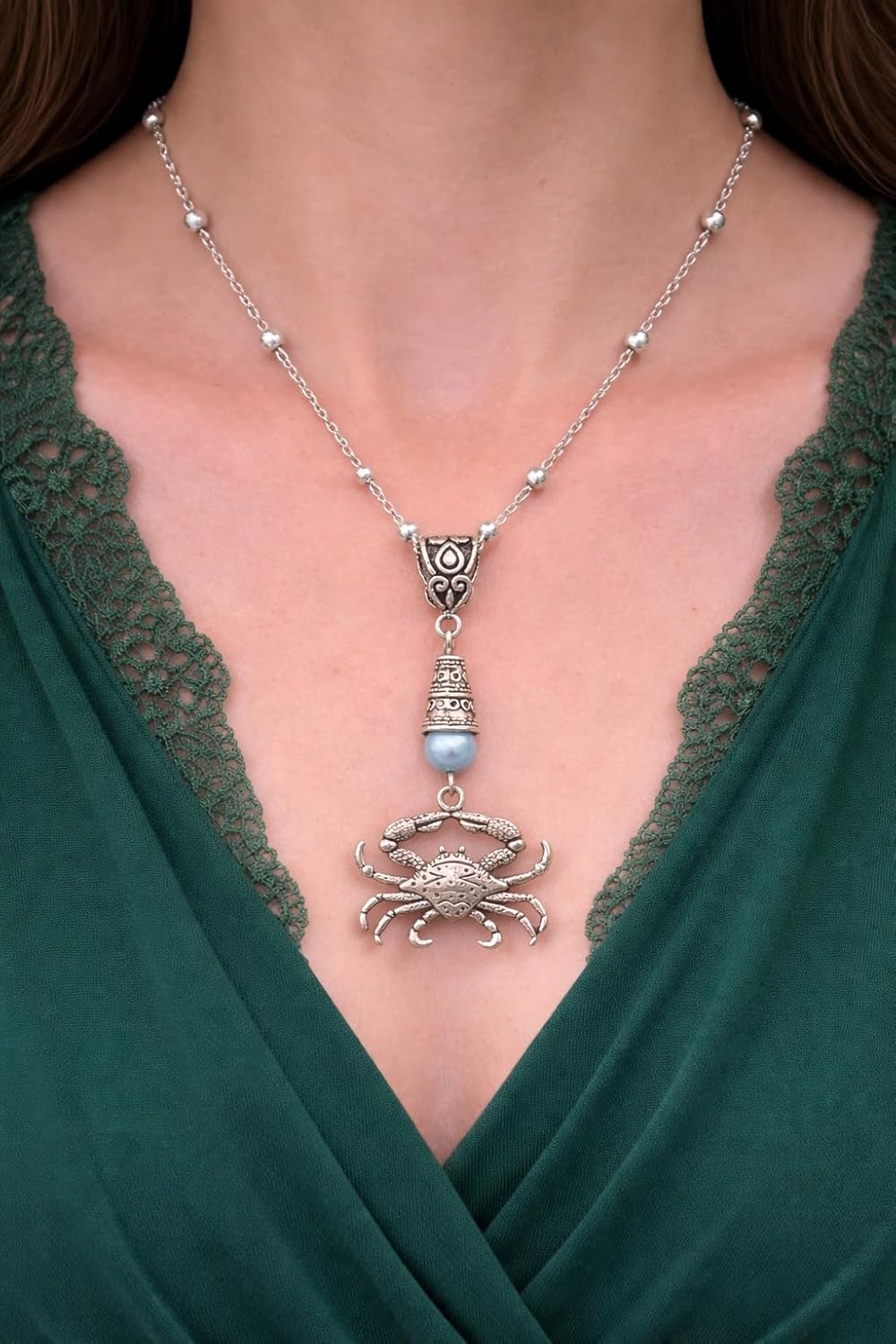 Crab Handmade Necklace on a Sterling Silver Chain with a Light Blue Glass Round Accent