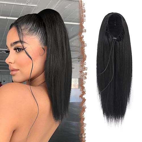 FESHFEN - Extensión de cola de caballo natural, cola de caballo larga. Pieza de pelo sintético con clip, para mujeres y niñas