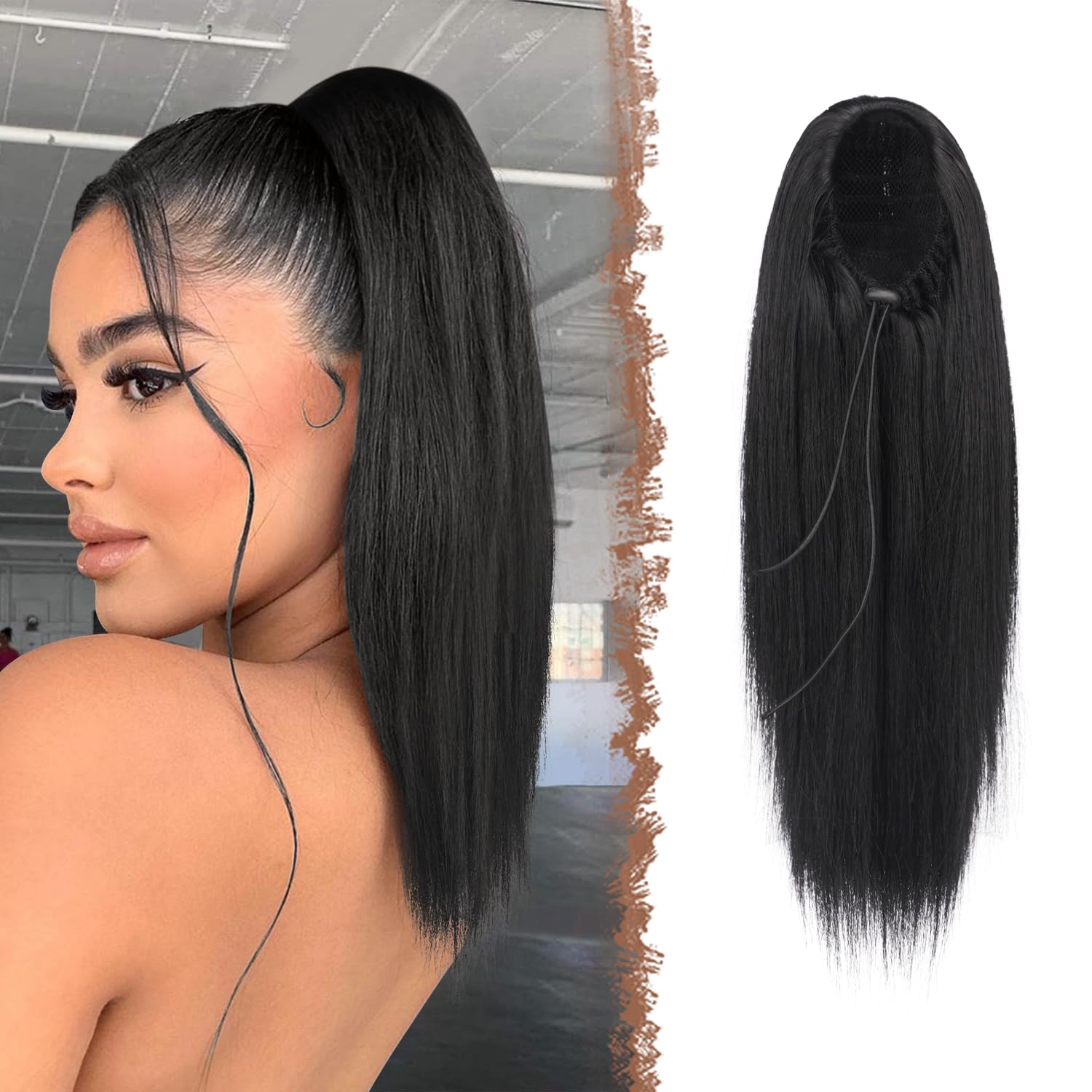 FESHFEN Straight Ponytail Extensions Long Drawstring Natural Synthetic Pony Tail Hair Pieces Clip in Ponytails Hairpieces for Women, Natural Black 16