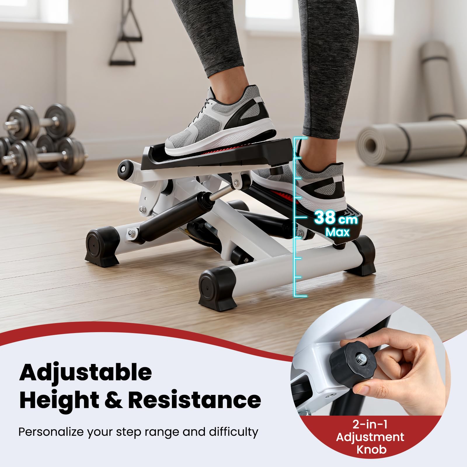 COSTWAY Mini stepper z linami Power Ropes, Swing Stepper obciążenie 150 kg | Stepper 2 w 1 z regulowanym oporem i wyświetlaczem LCD, ciche urządzenie fitness do domu i biura