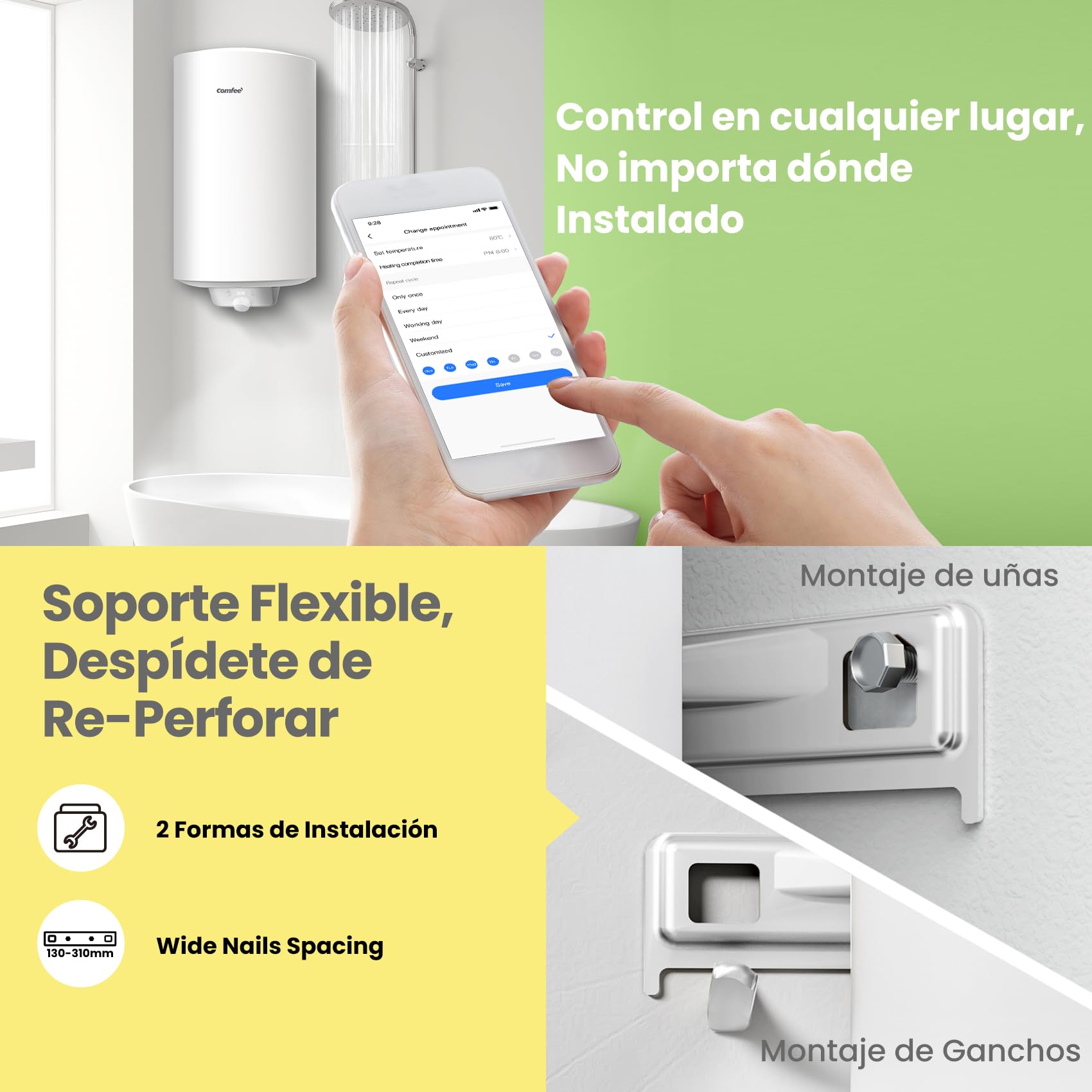 COMFEE' D50-15EFG Calentador de agua eléctrico mural de Accumolo 50 L Sobre fregadero de acumulación Compacto fácil de instalar, Blanco | Control Remoto por APP, Tamaño Compacto, Fácil Instalación, Clase B, 1500W Calentamiento rápido, Montaje sin Retaladr