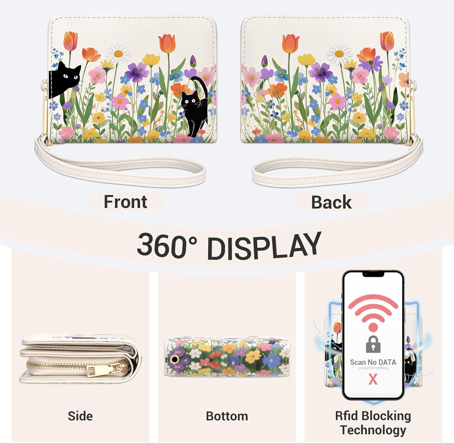 YINHEXI Small Wallets for Women with Credit Card Holder RFID Blocking Womens Wristlet Bifold Wallet with ID Window(Cat Flower-3) - Image 5