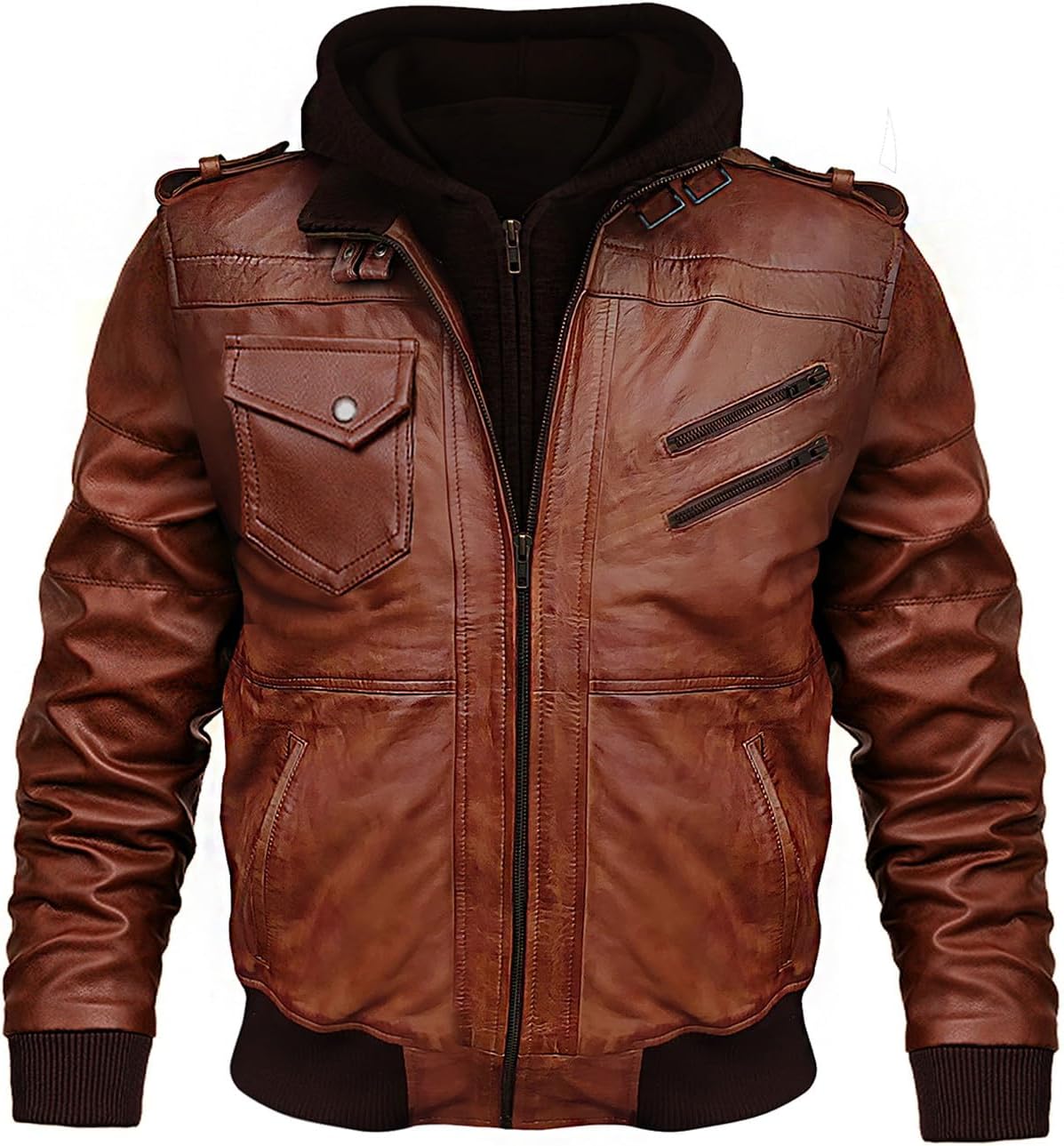 Removable Hooded Bomber Leather Jacket - Real Leather Motorcycle Jacket For Men