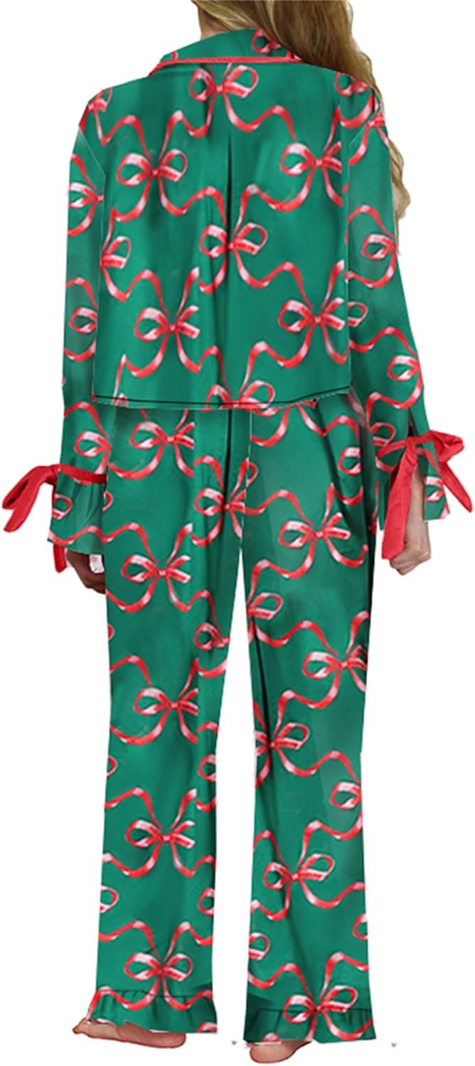 Women 2Pcs Valentine's Day Pajamas Set Long Sleeve Bow Tie Shirts Pants Silk Satin Pjs Loungewear Sleepwear Sets - Image 3