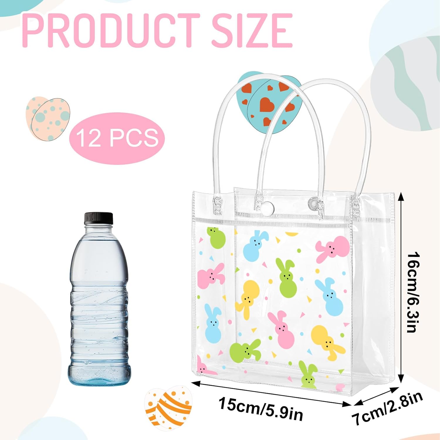 FYSUIMU 12 Pcs Easter Clear PVC Gift Bags with Handle Easter Bunny Party Favors Bags Colorful Rabbit Reusable Transparent Treat Tote Bags for Spring Birthday Holiday Party Supplies - Image 2