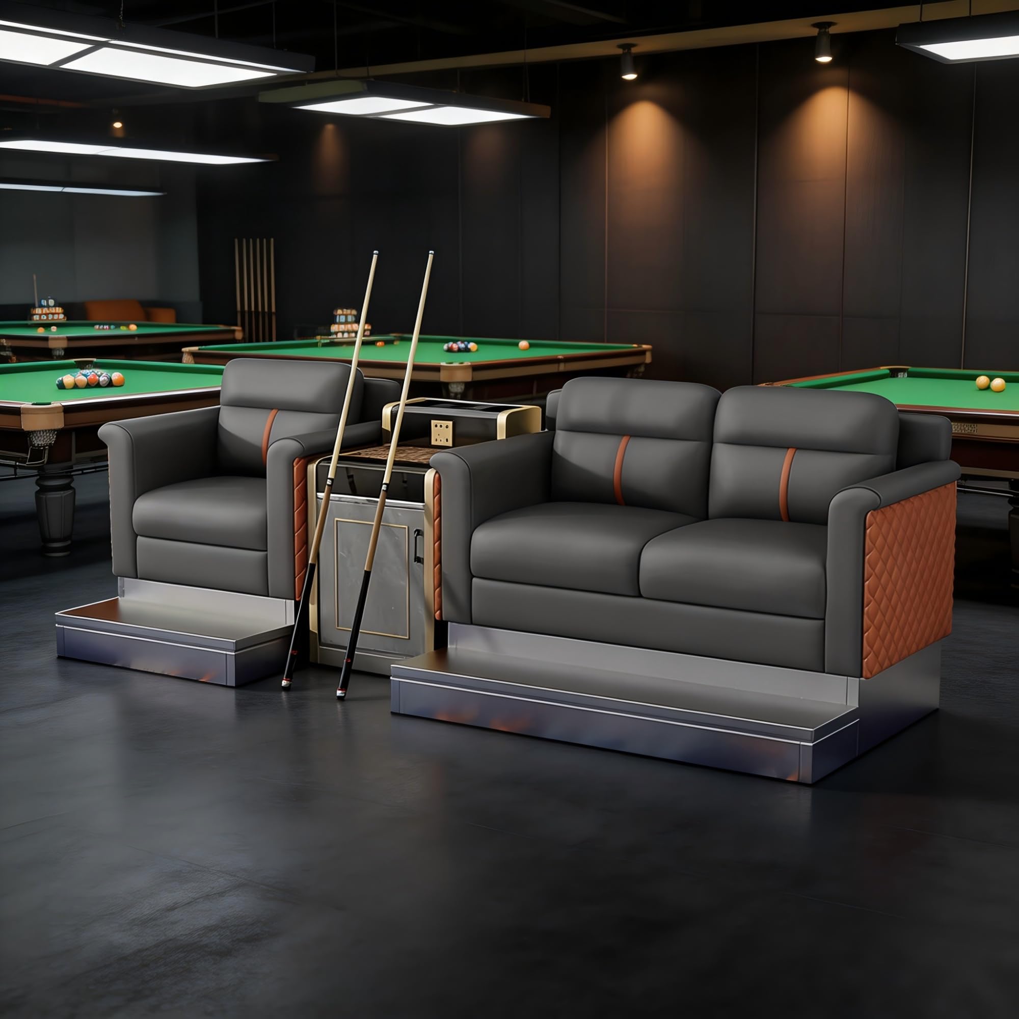 3-osobowa sofa na stół bilardowy, salon z półką na kije i szafką boczną, do sali bilardowej, klubu rekreacyjnego, pokoju gier