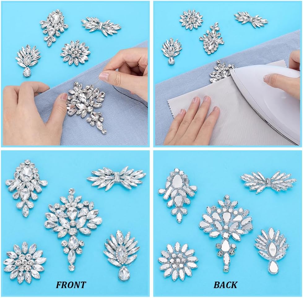 PH PandaHall 5pcs Rhinestone Applique Patches for Clothes Felt Flower Bowknot Iron On Embroideries Transparent Trim Crystal Applique for DIY Dresses Hats Bags Craft Decor Wedding Decoration