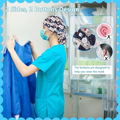 Miniatura 3 de 30 gorras de trabajo a granel con botones y lazo de cinta, ajustables, sombreros de enfermería para mujer, coloridos, Con