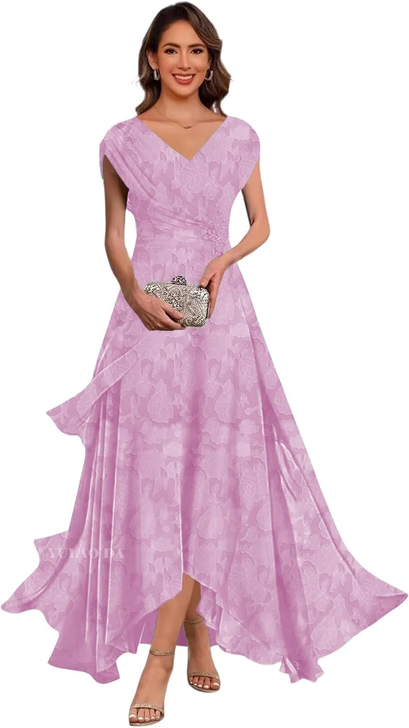 Tea Length Floral Mother of The Bride Dresses for Women Cap Sleeves Appliques Pleated V-Neck Formal Evening Gowns