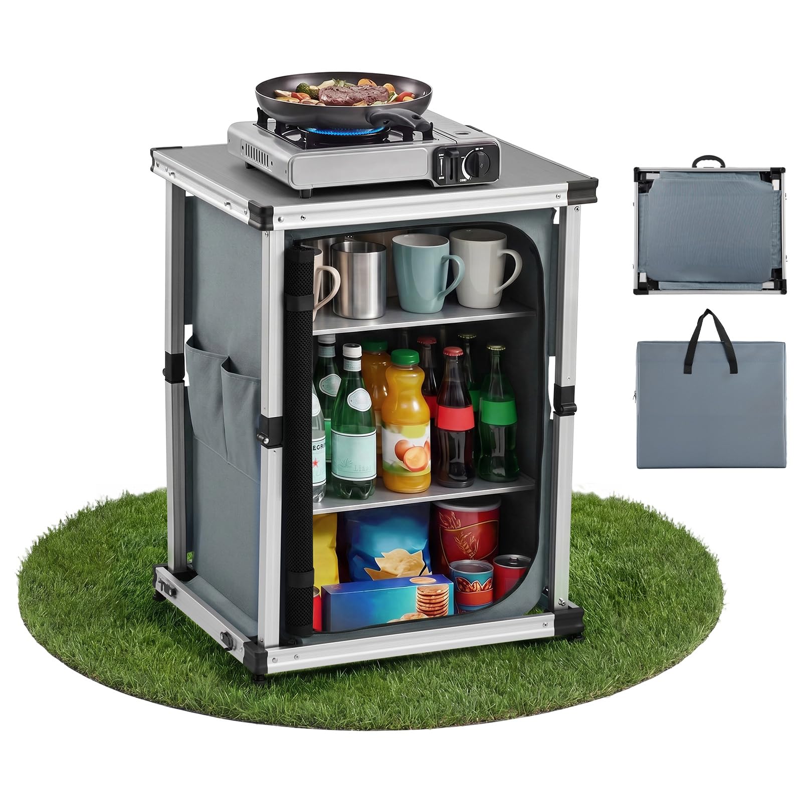 VEVOR Mobiletto da Campeggio Portatile Pieghevole, Cassetto Portatile da Esterno 3 Ripiani Portaoggetti Piano in MDF Carico max 30 kg Postazione Cucina da Picnic Barbecue Feste Viaggio in Camper