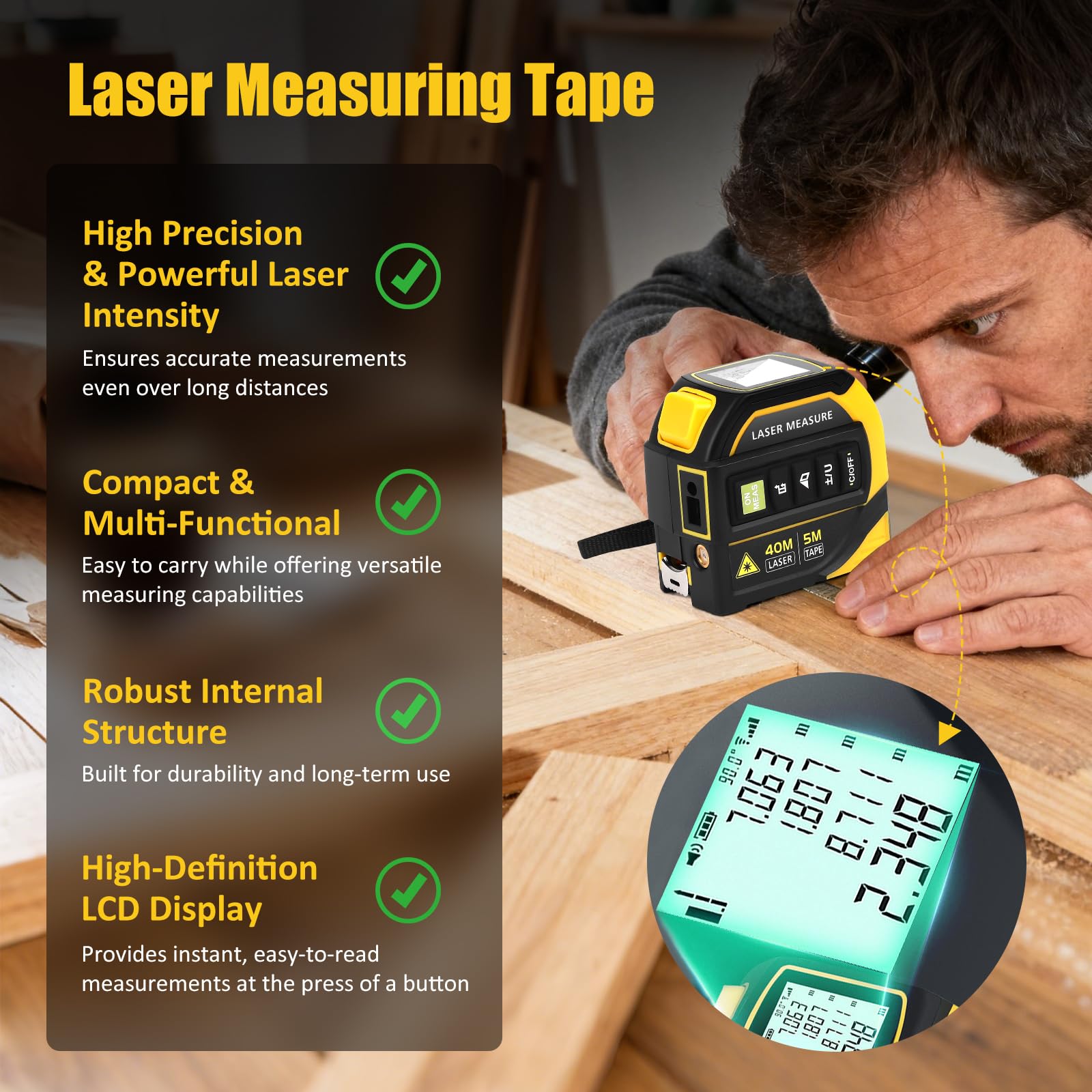 Laser Metro a Nastro 4 in 1, con Bluetooth, 5m e Telemetro Laser Metro a Nastro 100m, Misuratore Digitale con Livella Elettronica a Doppio Asse, Calcolo di Distanza, Superficie, Volume Disegno CAD