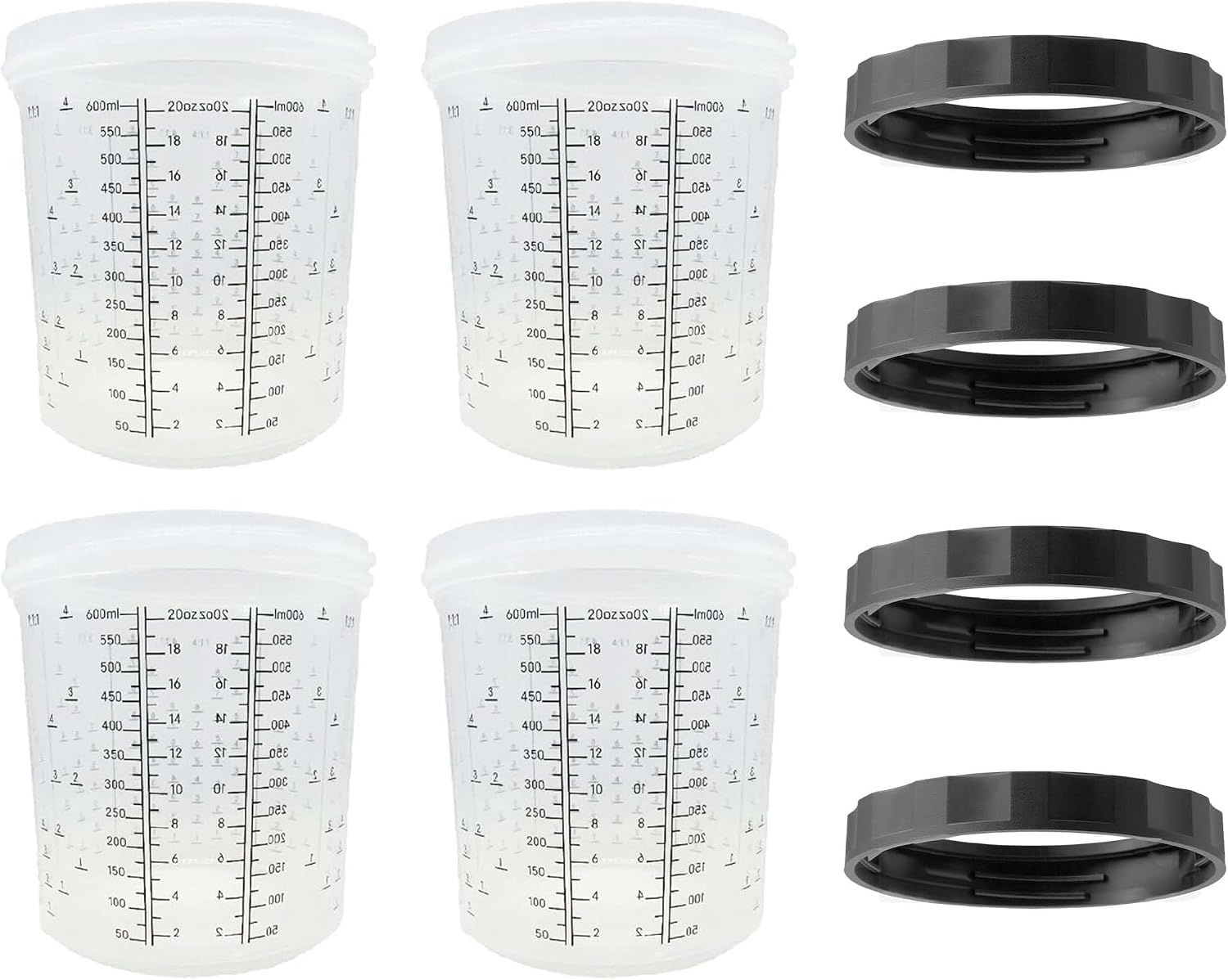 LAUCO 4 Pack Paint Spray Gun Hard Cup Set, 600ML (20 Oz) Reusable Mixing Cups with Retainer Rings, Compatible with Disposable Paint Cup Liner and Lid Systems for Automotive Paint, Primer, Clear Coat