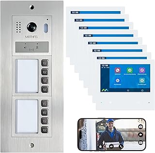 MATHFEL 2-Draht-IP WLAN Video-Türsprechanlage – Komplettset für 8-Familienhäuser mit 8X 7-Zoll-Monitoren, Full-HD-Bildauflösung, Edelstahl-Front und Farbnachtsicht.