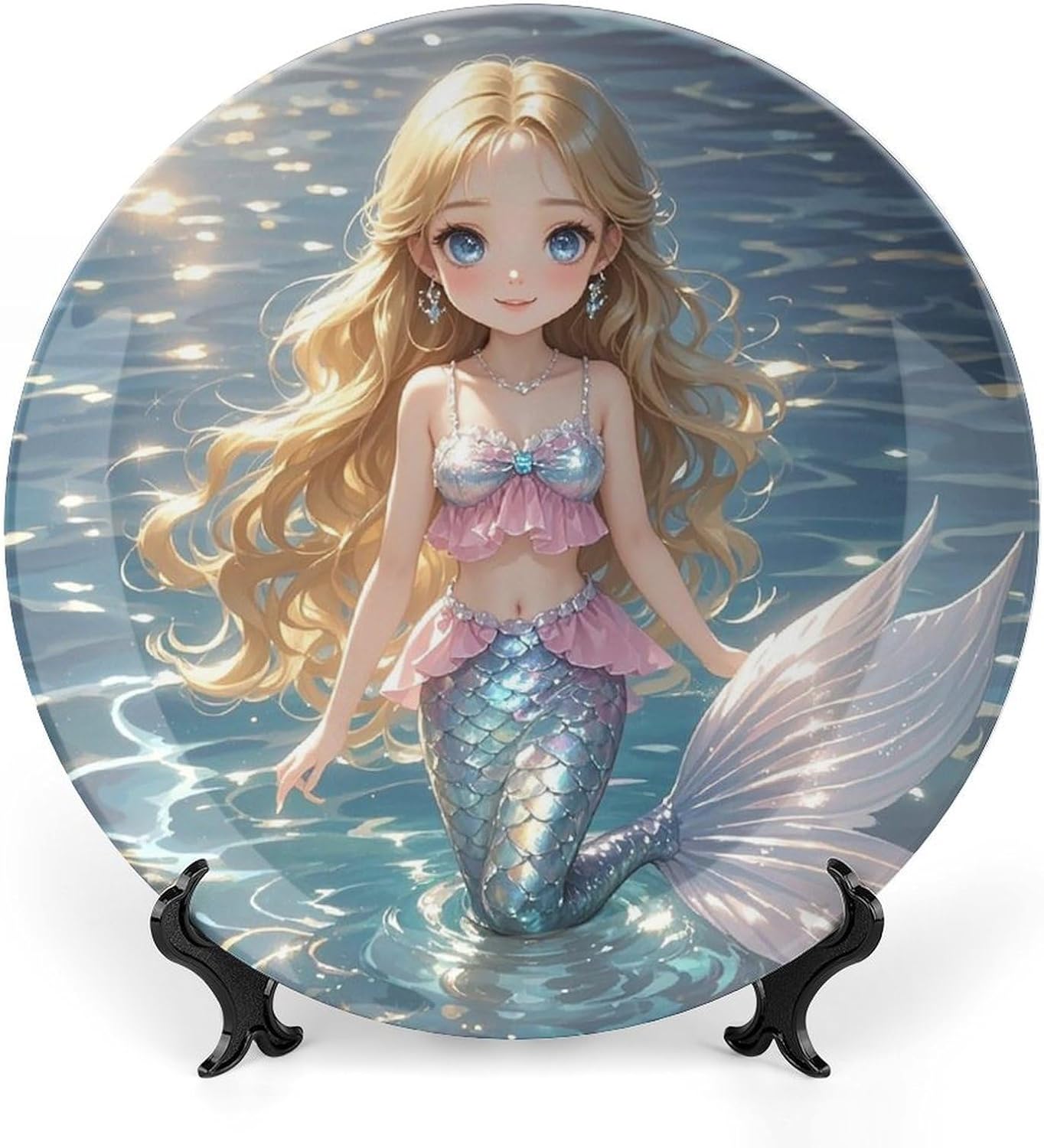 Mermaid Decorative Ceramic Plate Personalized Bone China Decorative Plate Round Porcelain Plates with Display Stand Cabinet Display Plates for Home Decor 10inch