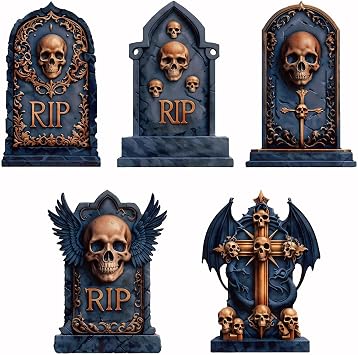 5-Pack 24" Deep Blue Gold Halloween Tombstones Outdoor Decor - Waterproof RIP Grave Markers with Fiberglass Stakes for Cemetery Yard Signs, Tombstones for Graves Halloween