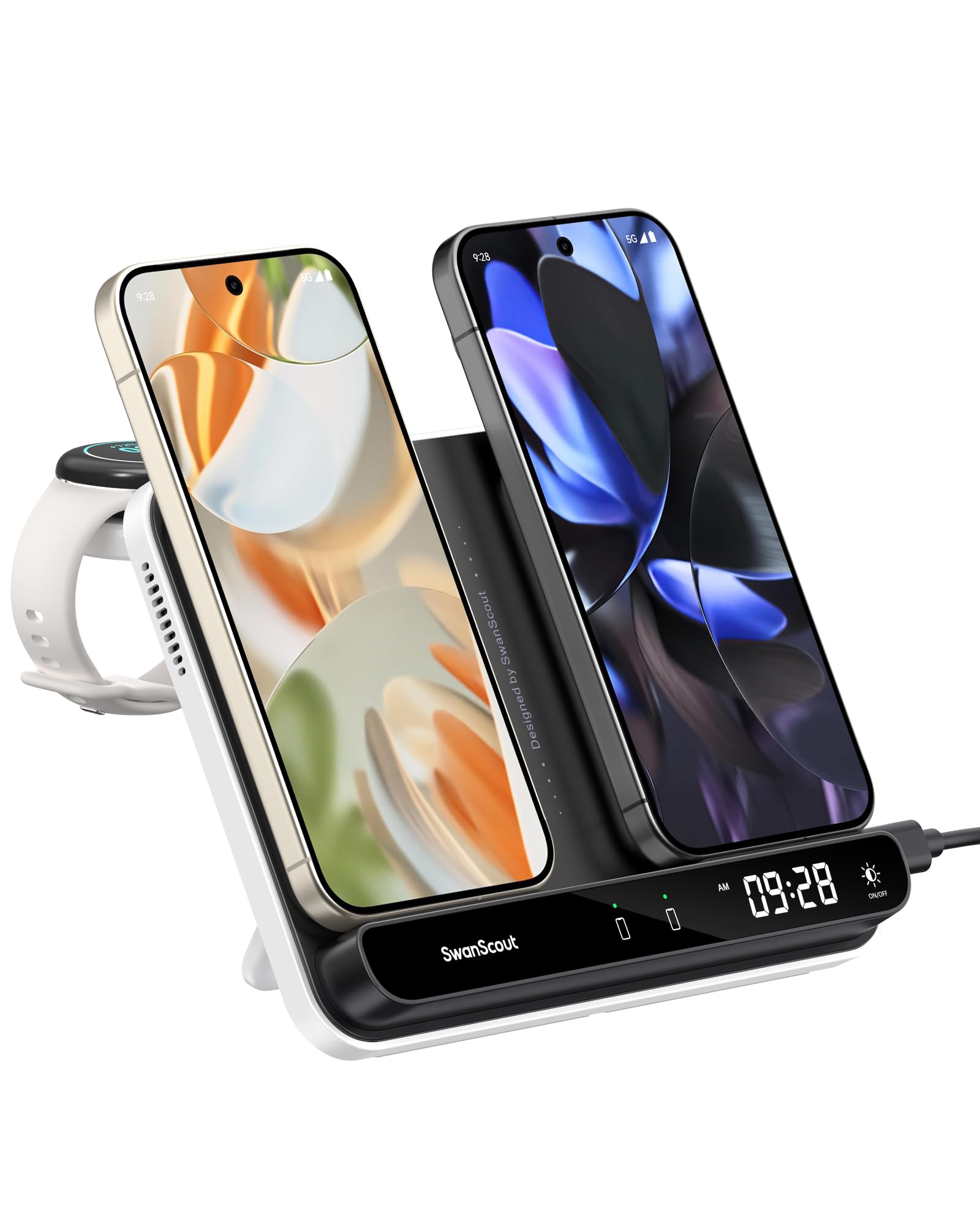 SwanScout Cargador Inalámbrico para Pixel Watch 3/2/Fitbit Versa 4/3/Sense 2 (No para Google Watch 4/1), Estación de Carga Dual para Google 9 Pro Fold/9 Pro XL/9 Pro/9a/9/8/7/Buds, SwanScout 710G2