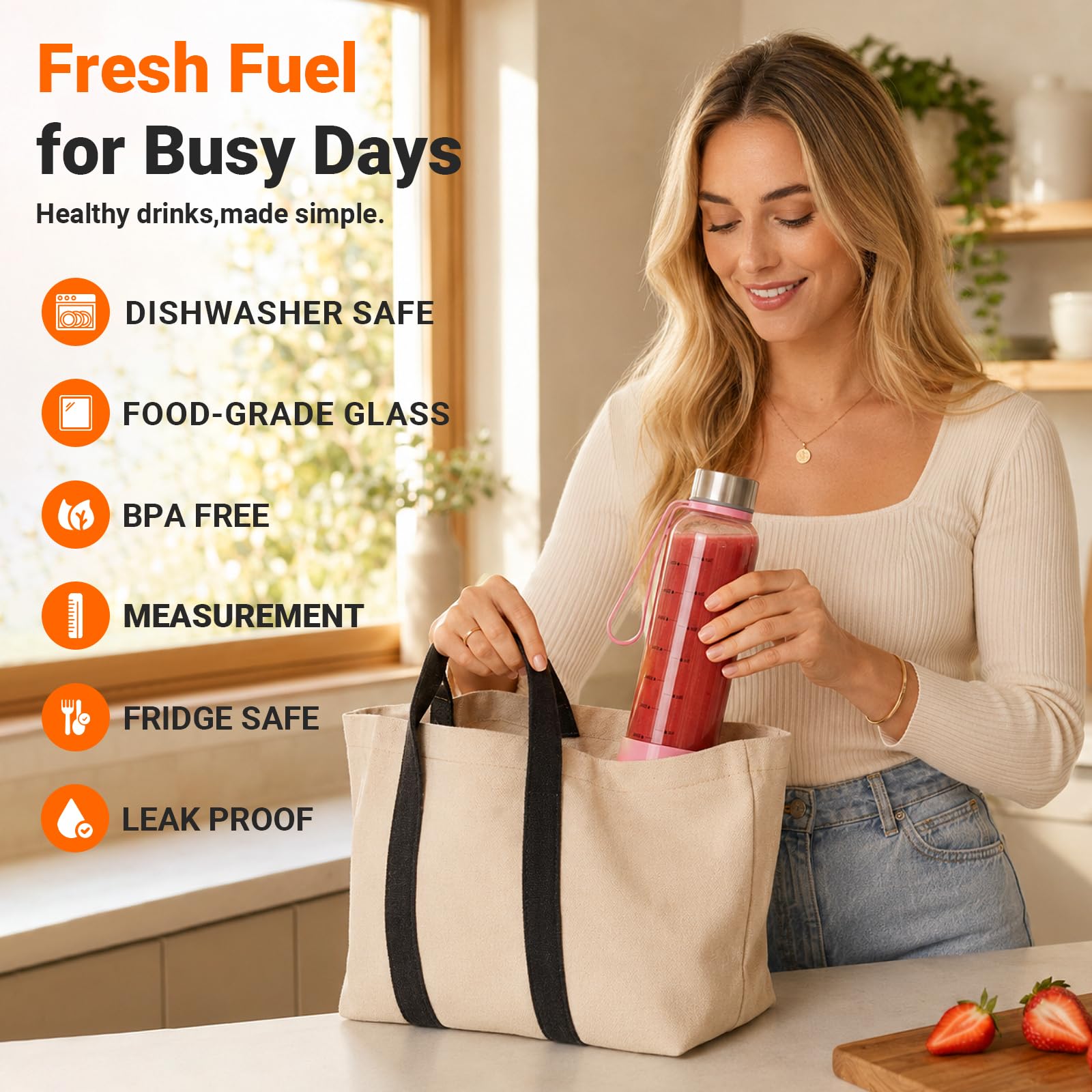 Sursip 18 oz Glass Water Bottles, 6 Pack