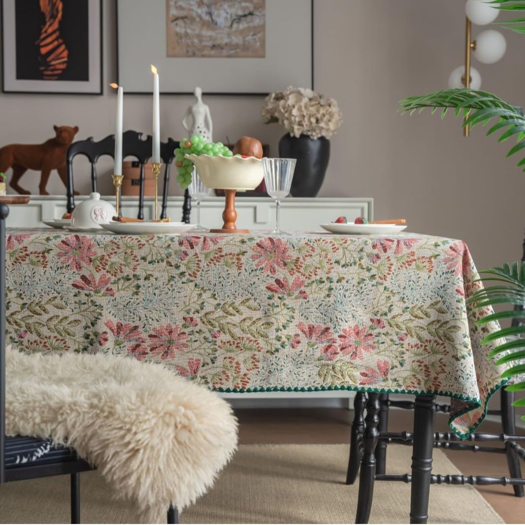 Plancholo Cotton Linen Tablecloth with Tassels Floral Embroidery Table Cloth Dust-Proof Wrinkle Resistant Table Cover for Kitchen Dining (Green Lotus, Rectangle, 55 x 87 Inch)
