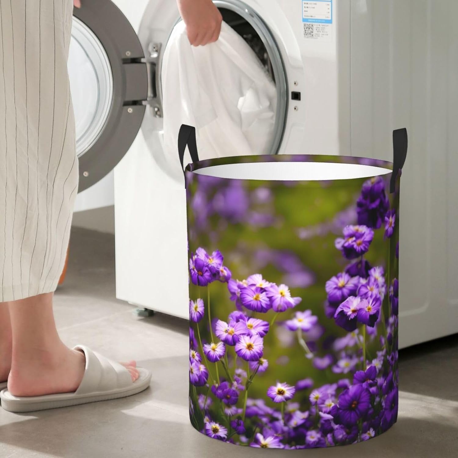 Many Purple Flowers Print Circular Protable Storage Bin,Basket For Laundry Hamper With Handles Bedroom Clothes