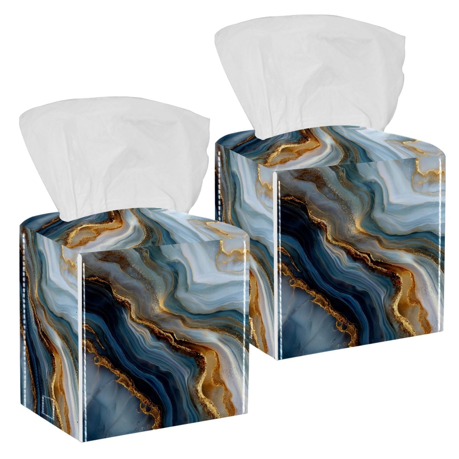 Marble Texture Tissue Box Cover, 2 Pack PU Leather Square Facial Tissue Dispenser Box holder for Home Office Car