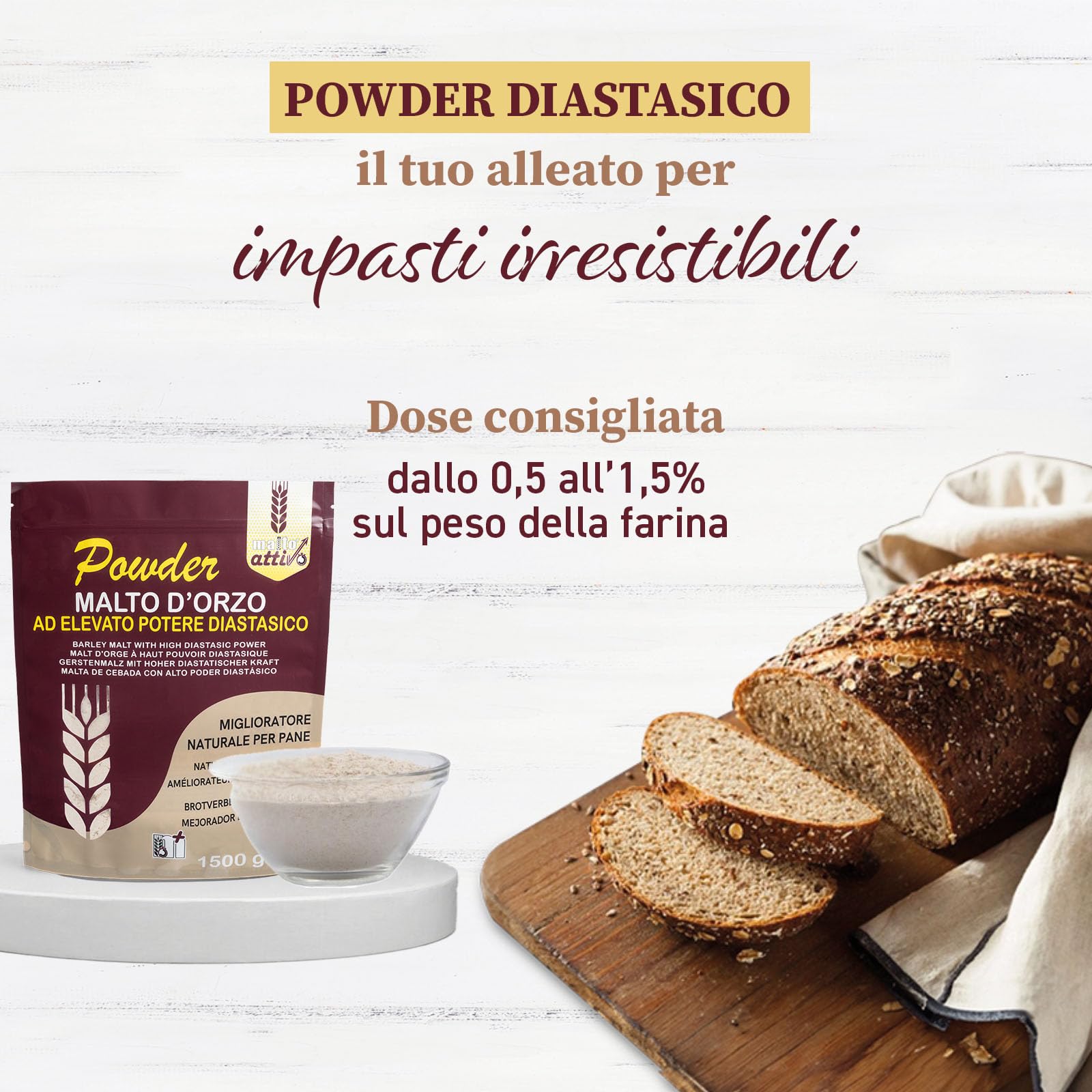 Malto Attivo, Box Powder da 3 pz di Powder 1.5Kg, Farina di Malto d’Orzo ad Elevato Potere Diastasico, Malto Diastasico Ideale per Panificazione, 14.000 Unità Pollak, Made in Italy.