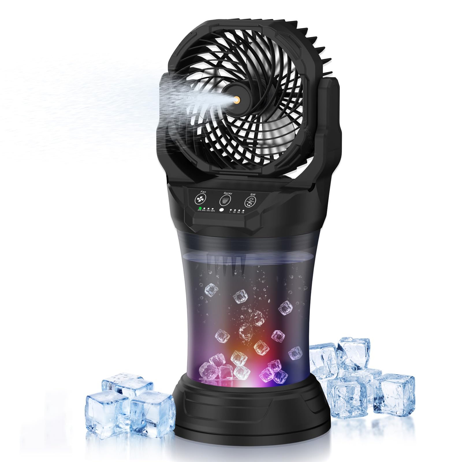 Brightpik Misting Fan Portable, 27600mAh Battery Powered Fan, 2L Portable Mister Fan with 4 Wind Speeds, Timer Function, RGB Ambient Light, 120° Auto Oscillation & Grip Handle for Camping Beach Patio