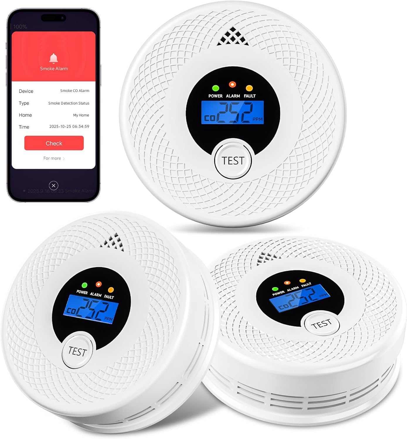 3-Pack Wi-Fi Smoke Detector Carbon Monoxide Detector Combo with App Notifications