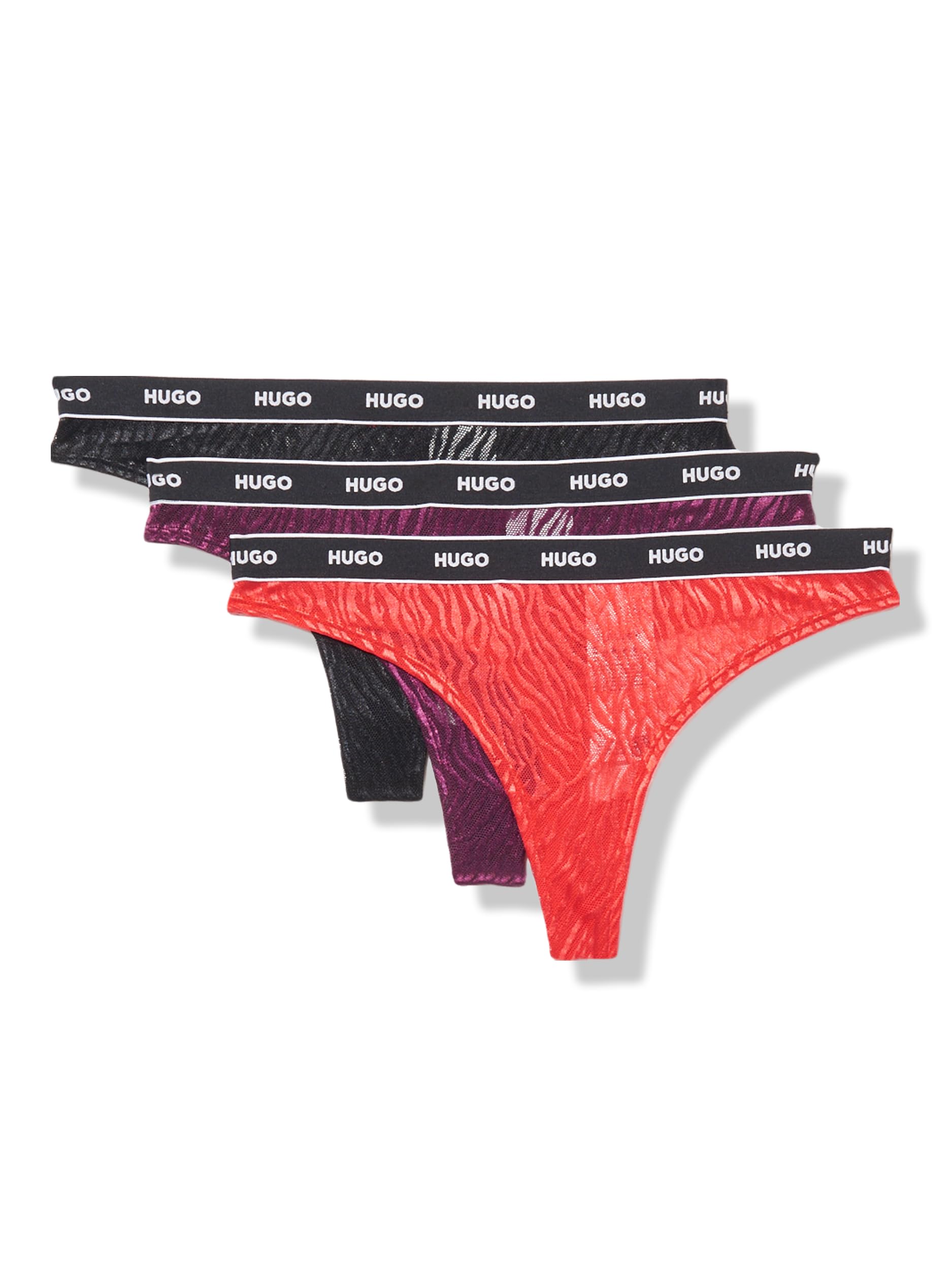 HUGO Women's 3-Pack Repeat Logo Lace Thongs, Black/Grape/Red, S