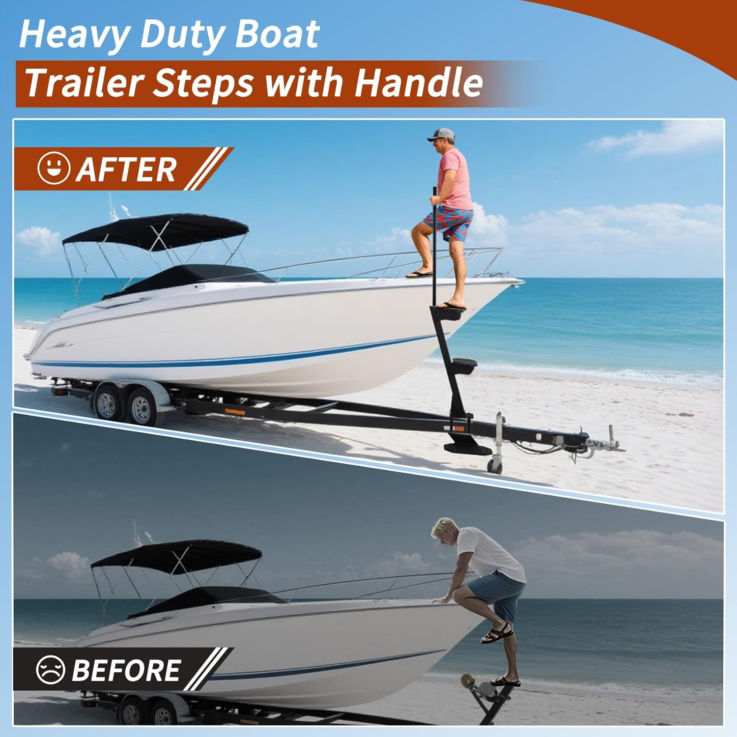 Boat Trailer Steps, Heavy Duty 3 Step Bass Boat Steps for Trailer, Fit for Most Deep V Trailer Tongues 3-4" W x 5" H Tongues, with Handrail & Rubber Anti Slip Mat, 500lb