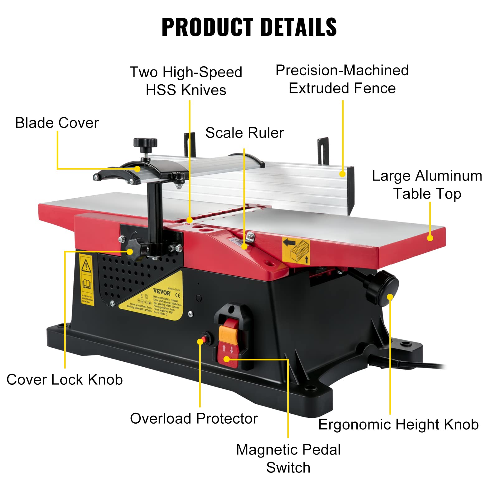 VEVOR Woodworking Benchtop Jointers 6inch with 1650W Motor,Heavy Duty Benchtop Planer Precise
