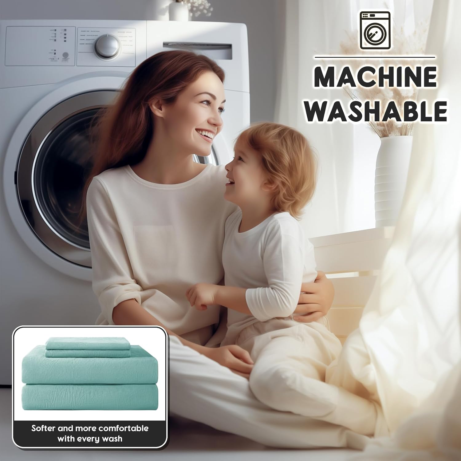 Shilucheng 100% French Linen Sheets - King Size Bed Sheets, Breathable & Cooling Pure Linen Sheets,Soft Durable and Tear Resistant -16 Inch Deep Pocket - 4Pcs (Aqua, King) - Image 9