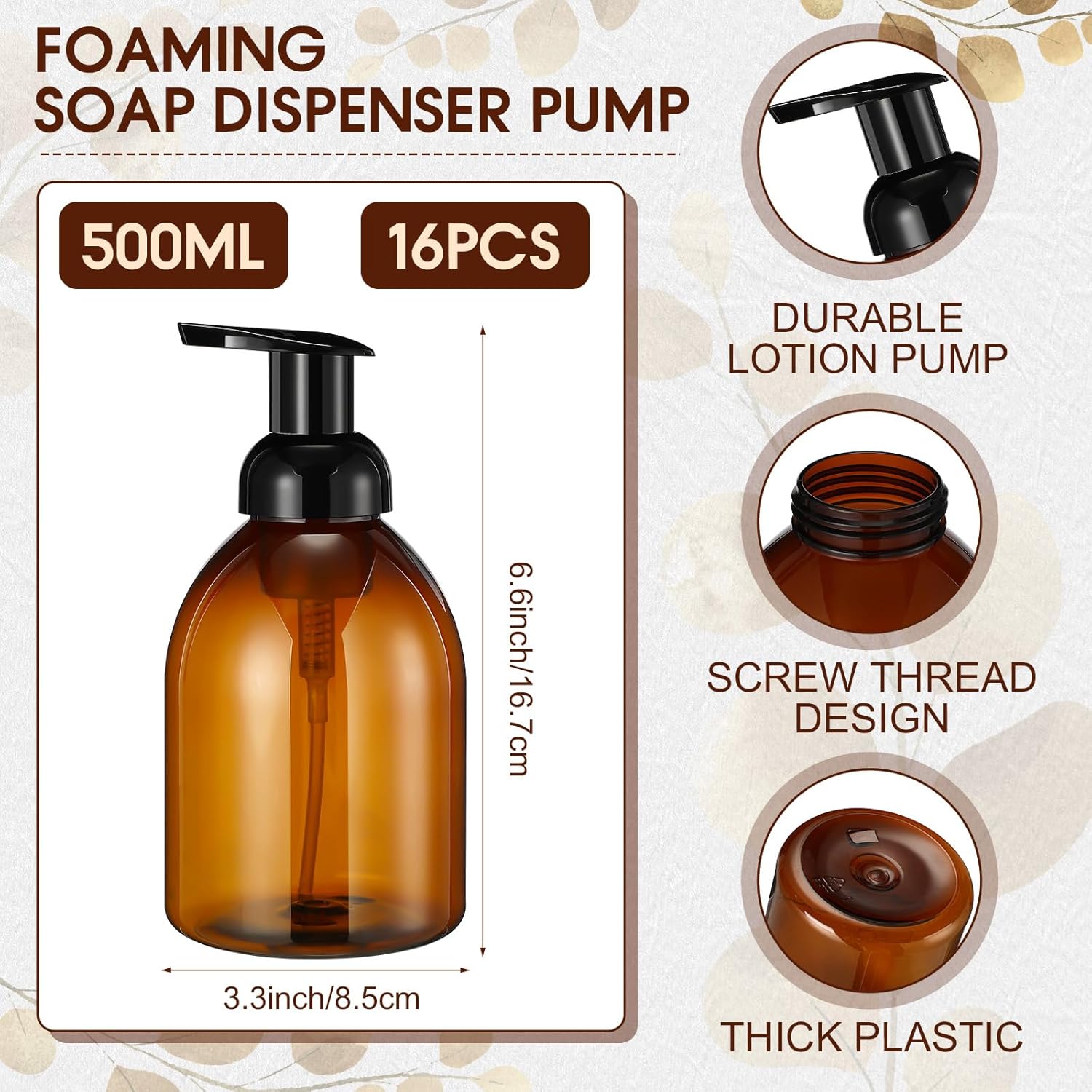 Uiifan 16 Pcs 17 oz Amber Foaming Soap Dispenser Refillable Foam Pump Bottle Liquid Plastic Container for Kitchen Bathroom Commercial Concentrated or Regular Shampoo Body Wash Dish Liquid Soap - Image 2