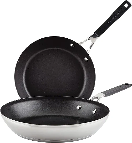 KitchenAid 71023 Stainless Steel Nonstick Frying Pans/Skillet Set, 9.5 Inch and 12 Inch - Brushed Stainless Steel