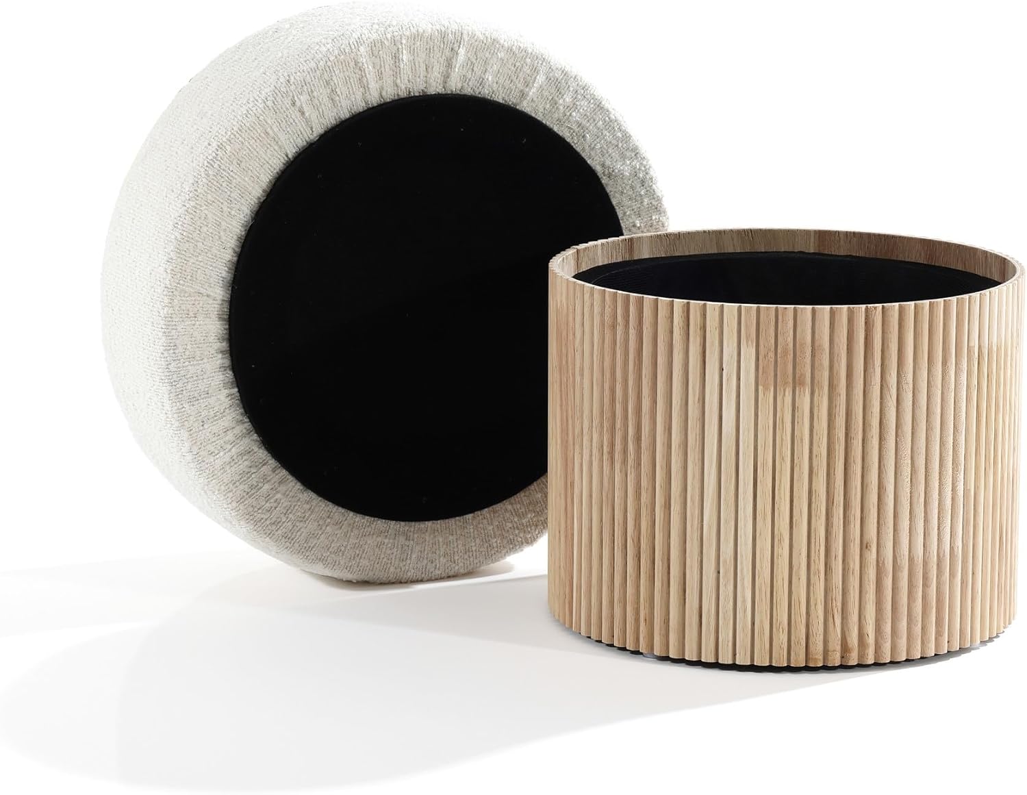 LuxenHome Storage Ottoman, 15.5"W x 15.5"H Modern Upholstered Padded Ivory Footstool with Storage and Wood Fluted Base, Accent Small Table, Footrest Vanity Stool for Living Room, Bedroom, Small Space